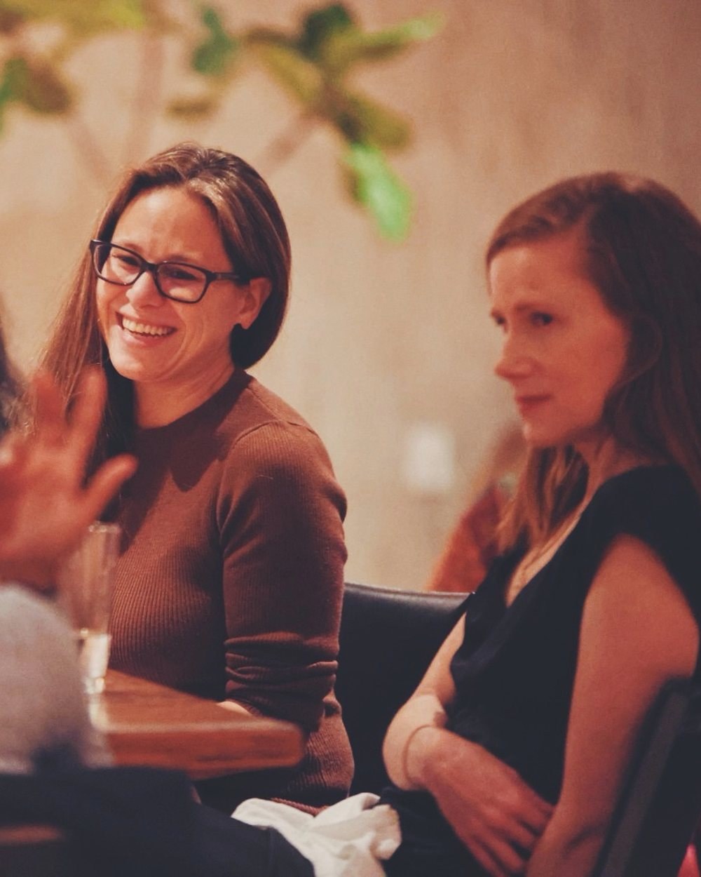 Women in conversation over dinner
