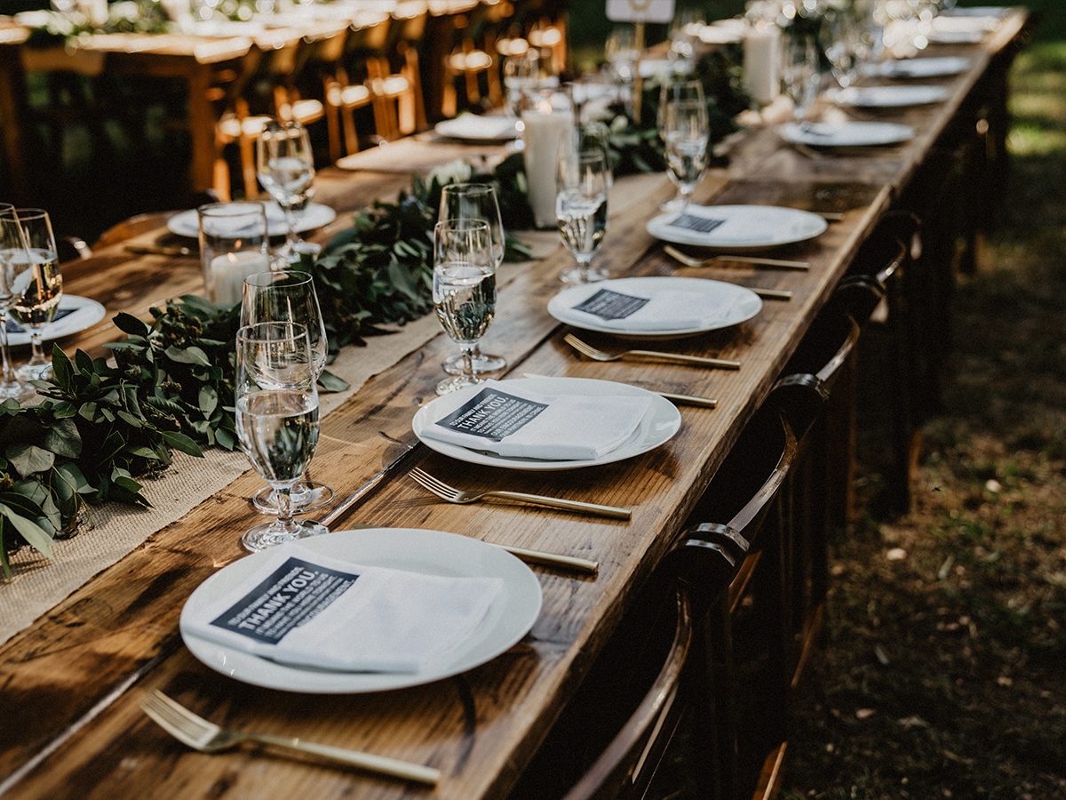 A dining table set for a fine, farm-to-table meal in the lodge
